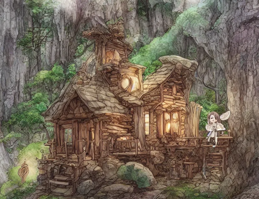 Image similar to cute and funny, a magicians cabin carved into a mountain, centered award winning watercolor pen illustration, edited by range murata, tiny details by artgerm and watercolor girl, sharply focused