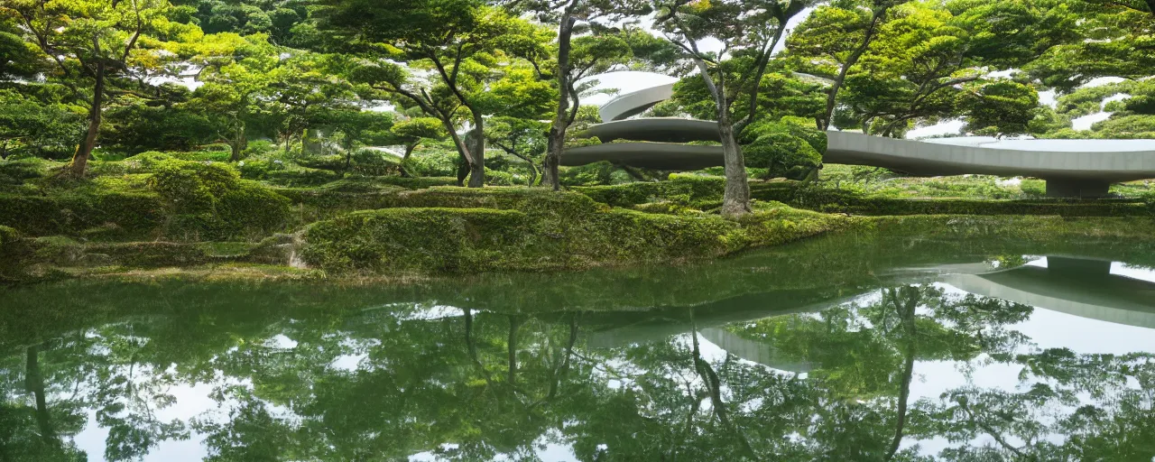 Image similar to The Oval at Benesse Art Museum Naoshima, Japan, built by Tadao Ando, brutalist architecture, pond in the center, overgrown with foliage, kodachrome, 35mm