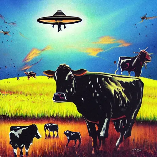 Image similar to a ufo stealing cows, painting