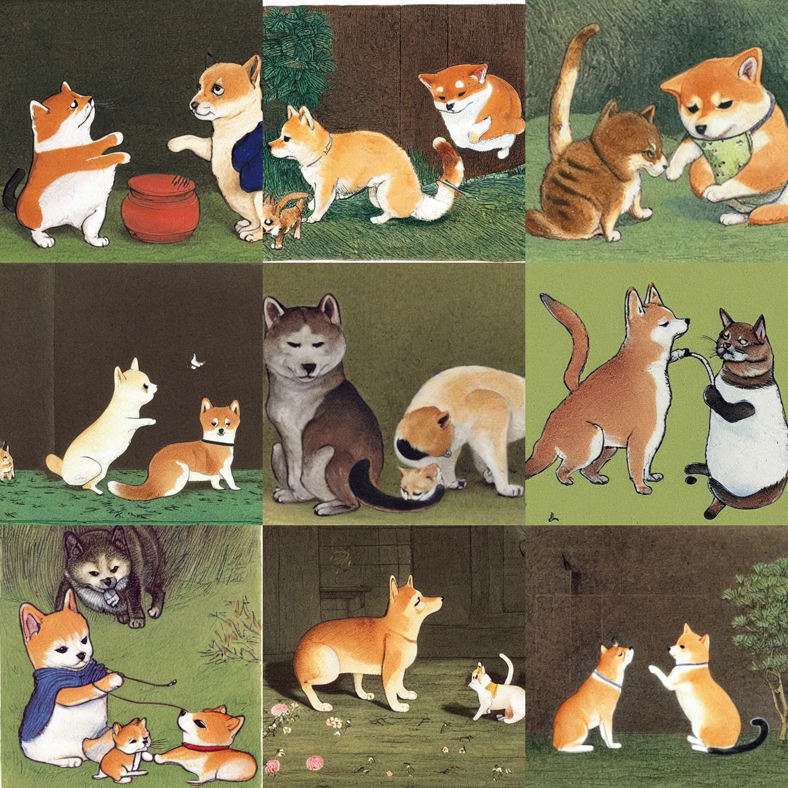 Prompt: A Shiba Inu and a cat playing together, illustration by Beatrix Potter
