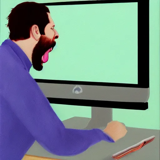 Image similar to an angry man yells at his computer monitor, oil on canvas, highly detailed, high resolution