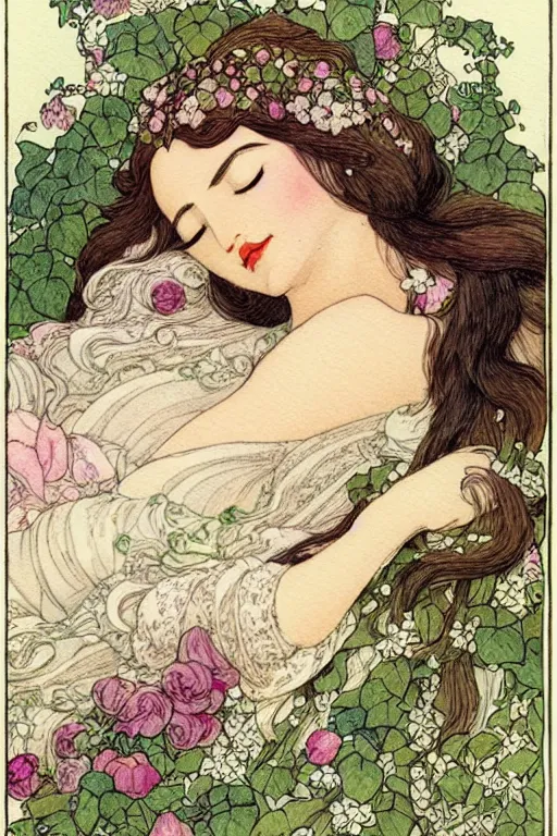 Image similar to closeup face shot of sleeping woman with long hair on a bed surrounded by ivy and flowers, fantasy art, trending on artstation, sleeping beauty fairytale, art by hans zatzka and walter crane and kay nielsen, watercolor illustration,