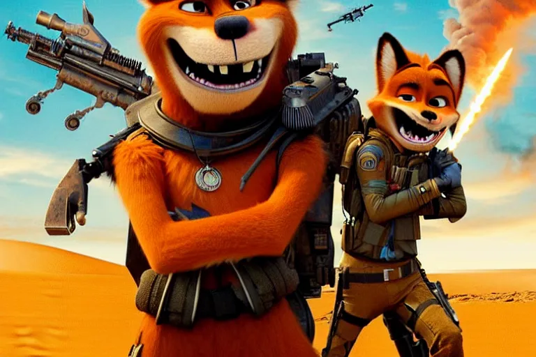 Image similar to nick wilde, heavily armed and armored facing down armageddon in a dark and gritty reboot from the makers of mad max : fury road : witness me