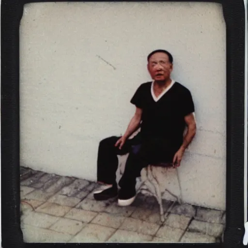 Prompt: a polaroid photo of a disheveled middle - aged chinese man wearing a singlet while smoking, sitting down next to a wall