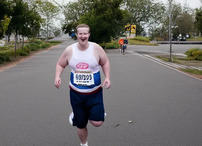 Prompt: obese mark zuckerberg running marathon