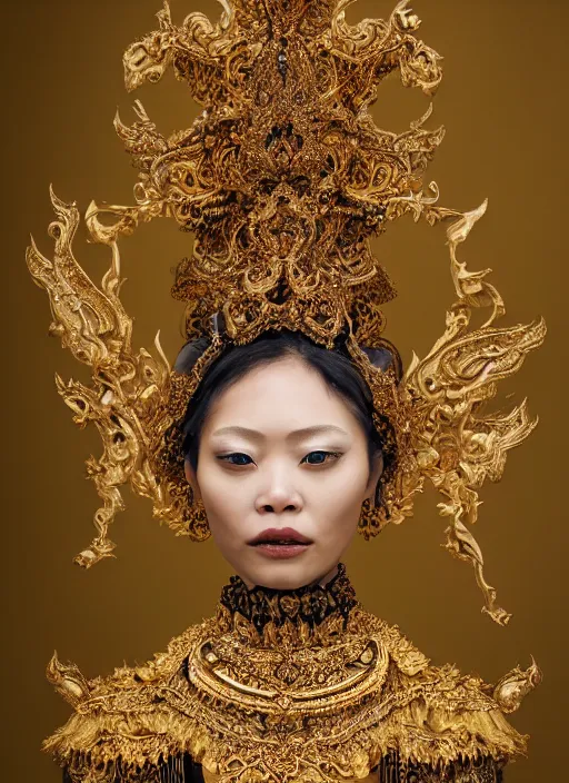Prompt: a portrait of thai female by stefan geselle and nekro borja, photorealistic, intricate details, hyper realistic, fantasy, elegant, baroque gold headpiece, photorealistic, canon r 3, photography, wide shot, symmetrical features, symmetrical pose, wide angle shot, head to toe, standing pose, feet on the ground, wearable art