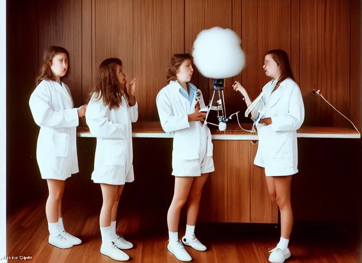 Image similar to realistic photo of a three young female scientists wearing white shorts, faces hidden veil, watching at a levitating fluffy furry cloud, in a living room sci - fi laboratory with many wooden gadgets made of wood interior is made of wood 1 9 9 0, life magazine reportage photo, natural colors