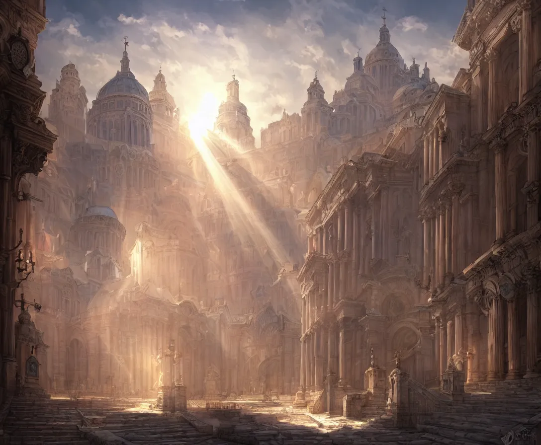 Image similar to highly detailed concept art of authoritarian pearly white medieval city, roman architecture with religious iconography, sunbeams, digital painting, fantasy, d & d, beautiful, illustration