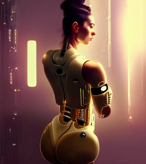 Image similar to beauty woman wrapped in white and gold, Terminator artifacts, electronic case display, cyberpunk tech, ultrarealistic, futuristic, back lit, dramatic lighting, electrical details, high details, 4k, 8k, best, accurate, trending on artstation, artstation, photorealism, ultrarealistic, digital painting, style of Peter Mohrbacher, Caravaggio, Caravaggio, Boris Vallejo, Hajime Sorayama