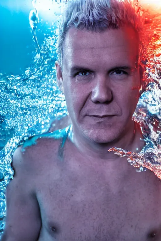 Image similar to scooter band member baxxter with white hair standing in water with explosion in background, full body, reflection in water, volumetric lighting, golden ratio