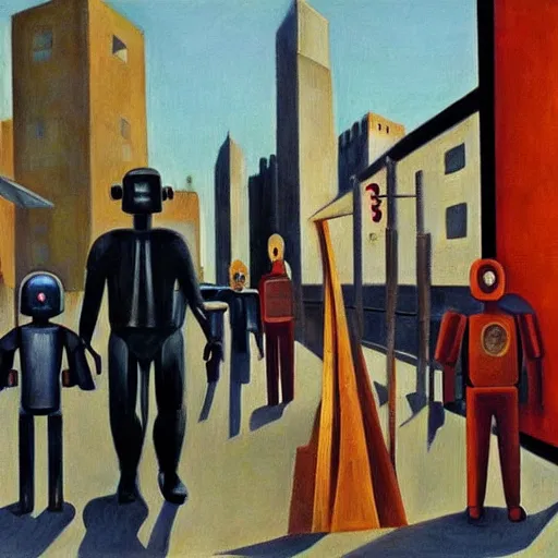 Image similar to drab human pedestrians, guarded by fascist robot overlords, brutalist city street, dystopian, pj crook, edward hopper, oil on canvas