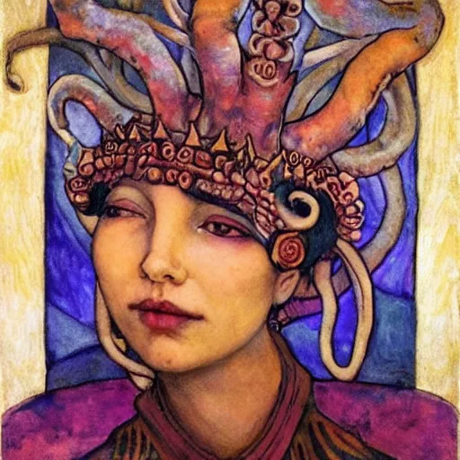 Image similar to the tentacle crown, by Annie Swynnerton! and Nicholas Roerich and (((Diego Rivera))), bioluminescent skin, tattoos, elaborate costume, geometric ornament, symbolist, rich colors, dramatic lighting, smooth, sharp focus, extremely detailed