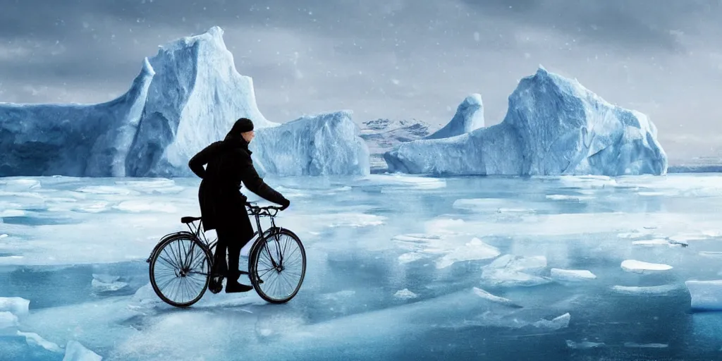 Image similar to A majestic arctic landscape featuring an iceberg and frozen sea. There is a man riding a bicycle. Snow is falling. Cinematic, very beautiful, painting in the style of Lord of the rings