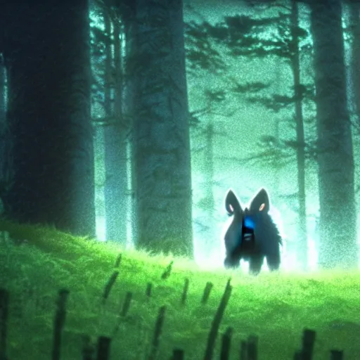 Prompt: a still frame from the princess mononoke film, in the woods at night, overgrown grass, dramatic, gloomy, volumetric light, ground mist, cinematic, filmic