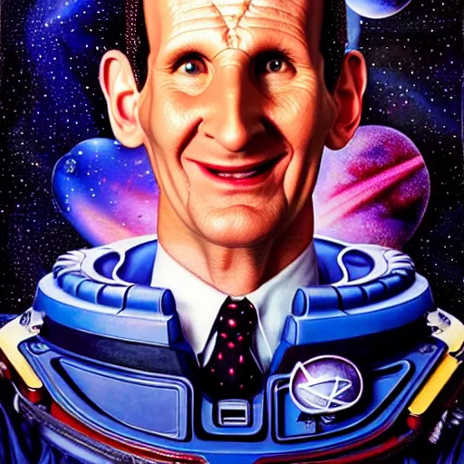 Prompt: uhd photorealistic cosmic chris barrie as arnold j. rimmer in space. amazing detail, correct face, symmetrical face, by karol bak and zawadzki, hyperdetailed. intricate details with studio lighting.