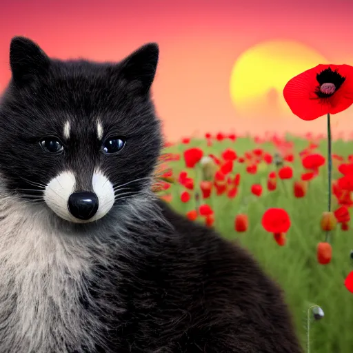 Image similar to a closeup photorealistic photograph of a black cute adult cat sitting on 4 paws next to big a black and white adult racoon in a field of poppy with a red sunset in the background. This 4K HD image is Trending on Artstation, featured on Behance, well-rendered, extra crisp, features intricate detail and the style of Unreal Engine.