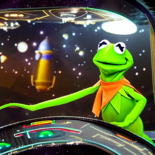 Image similar to a highly detailed portrait of Kermit the frog piloting a spaceship, lots of displays, dramatic lighting, realistic 8k photography