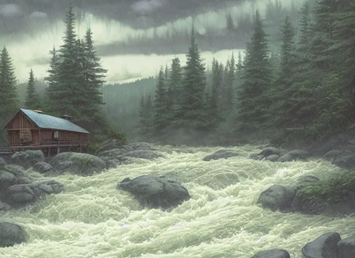 Prompt: matte sharp painting, close - up of a river running past a cozy cabin in the mountains, heavy rain, juxtapoz, artforum, gary baseman, preston blair, tex avery, dan mumford, pedro correa