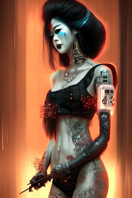 Image similar to soft lustrous ebony asian geisha goddess yakuza biotech raver gothic cyborg, cyberpunk city, urban decay, decay, underworld, dark art, highly detailed, digital painting, octane render, artstation, concept art, smooth, sharp focus, illustration, art by artgerm, loish, wlop