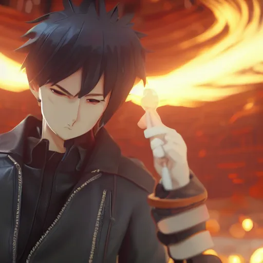 Image similar to an epic anime of a energy man, leather jacket, leather gloves, ghibli, unreal 5, octane render, rpg portrait, dynamic lighting, epic, epic anime, 2 d