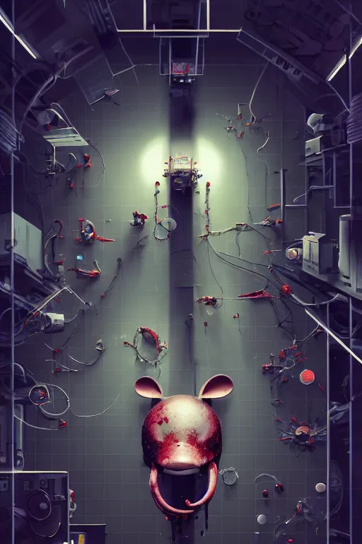 Image similar to top view photorender of many mechanics in lab facility looking at bloody disney mouse head lifted by claw, made by beeple, cgsociety, artgerm, greg rutkowski, highly detailed intricate 4 k art, low light cinematic, octane render, unreal engine, smooth concept art