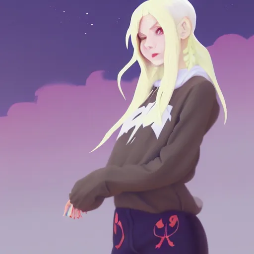 Image similar to a pale demoness with white hair, yellow eyes and horns wearing sweater and overalls on top. highly detailed, digital painting, artstation, matte, by makoto shinkai, animation style