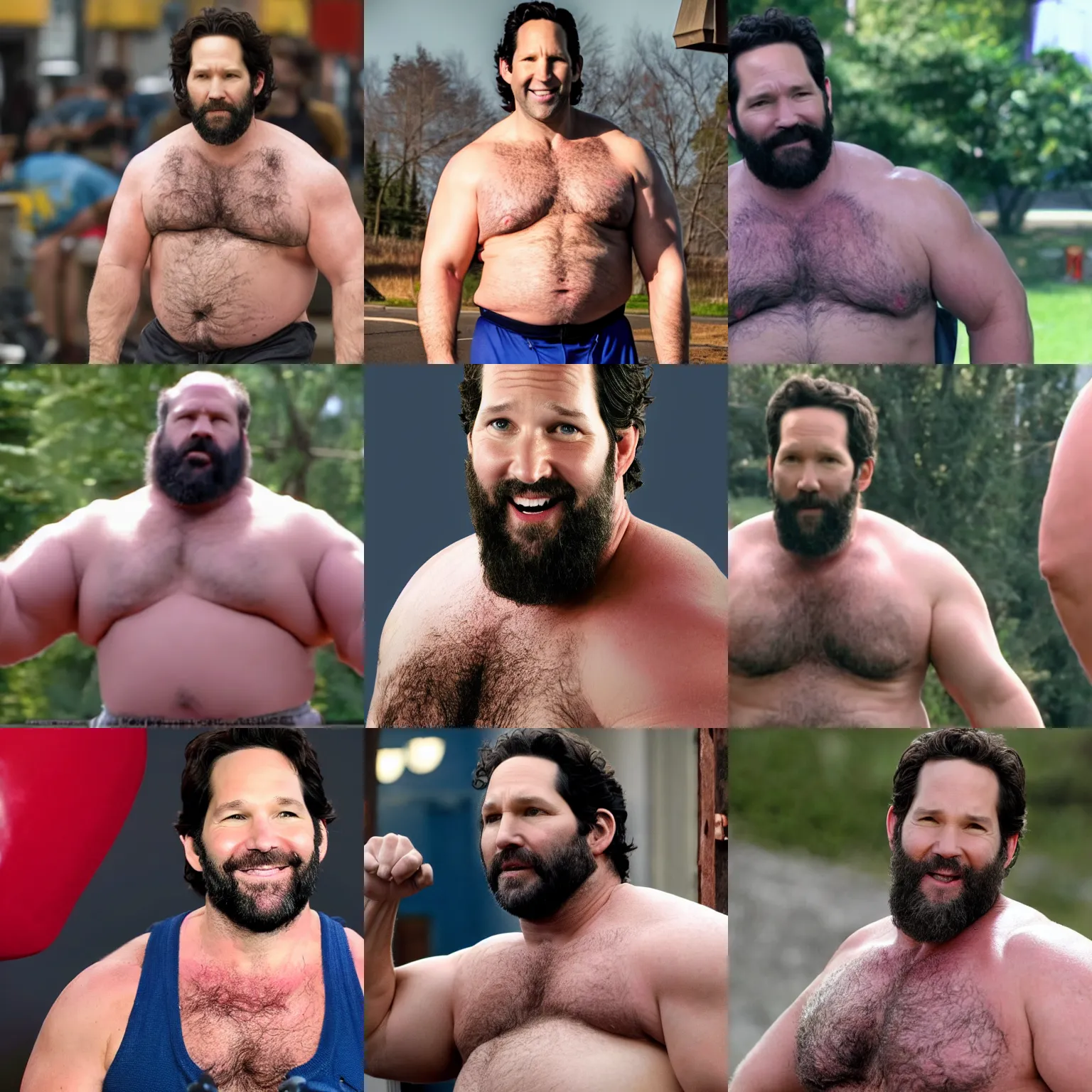 Prompt: paul rudd as a big burly padded strongman, 4 k hd