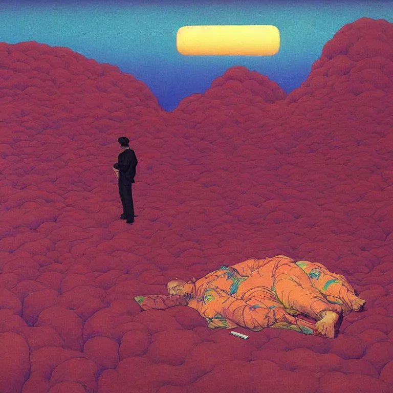 Image similar to man licks a tab of LSD acid on his tongue and experiences psychedelic hallucinations, by kawase hasui, moebius, Edward Hopper and James Gilleard, Zdzislaw Beksinski, Steven Outram colorful flat surreal design, hd, 8k, artstation