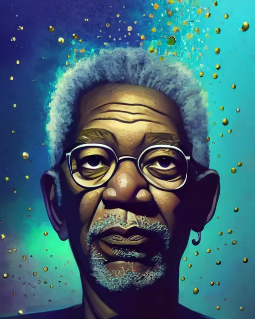 Prompt: shattered glass stylized portrait of morgan freeman, cracked obsidian geometric fantasy art, splattering black gold iridescent bubbly underwater scenery, greg rutkowski, loish, rhads, makoto shinkai, lois van baarle, ilya kuvshinov