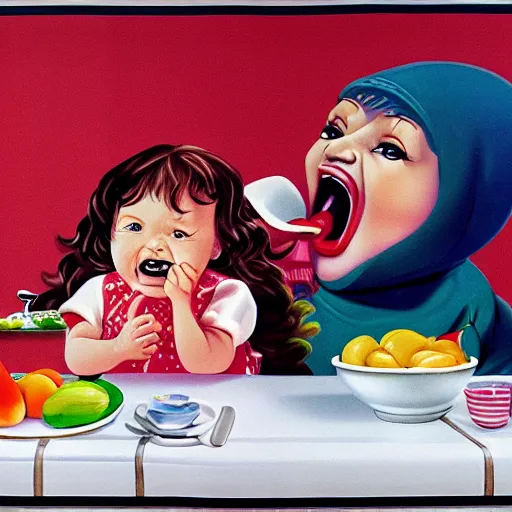 Prompt: hyper realistic hight detailed grandmother with a big mouth eating a baby on the table in the russian kitchen on the wall hangs a rug, style by hiroshi nagai, bright colors