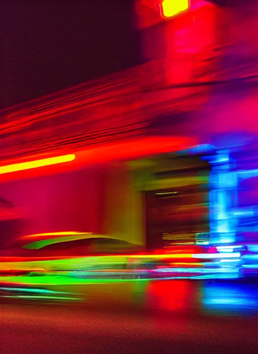 Image similar to Neon night, red lights of the car motion blur, oak alley