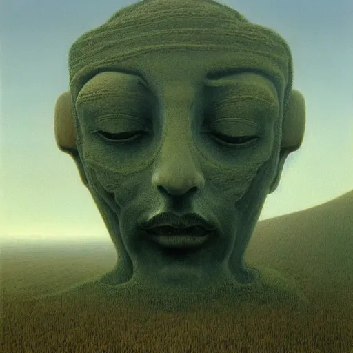 Image similar to the ego separates by zdzisław beksinski, oil on canvas, giant head statue ruins