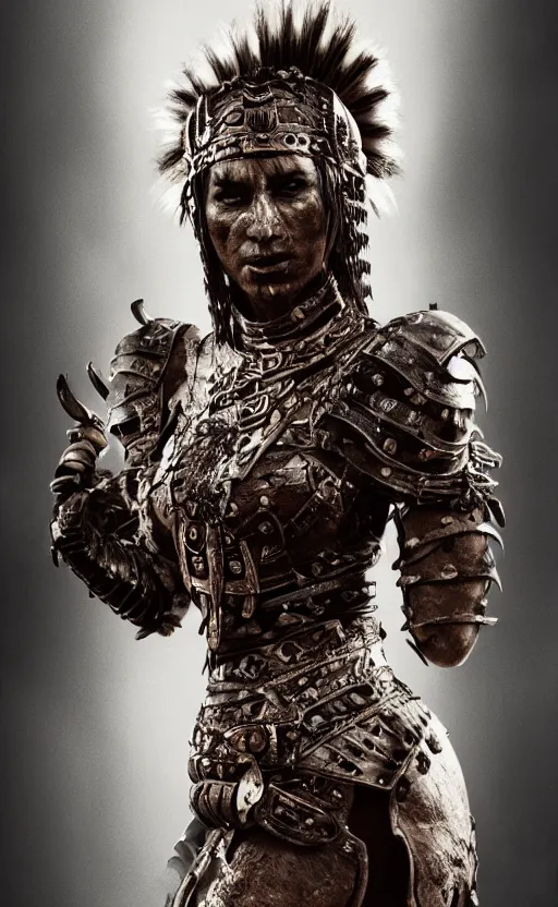 Image similar to fighting tribeswoman, destroyed Aztec jaguar armor,vertical composition, destroyed armor, inspired by monster hunter and westerns, muscular body, clean beautiful symmetrical face, subtle make up, epic,dramatic lighting, cinematic, establishing shot, extremely high detail, photorealistic, leather, cinematic lighting, artstation, octane render, western,old photo, vintage