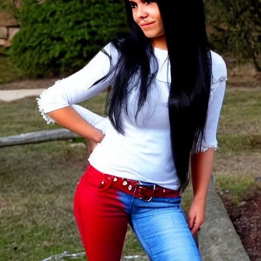 Image similar to character design of a latina cute girl using tight white and red raglan sleeves with tight blue jeans and cool shoes, having silky long black hair with bangs