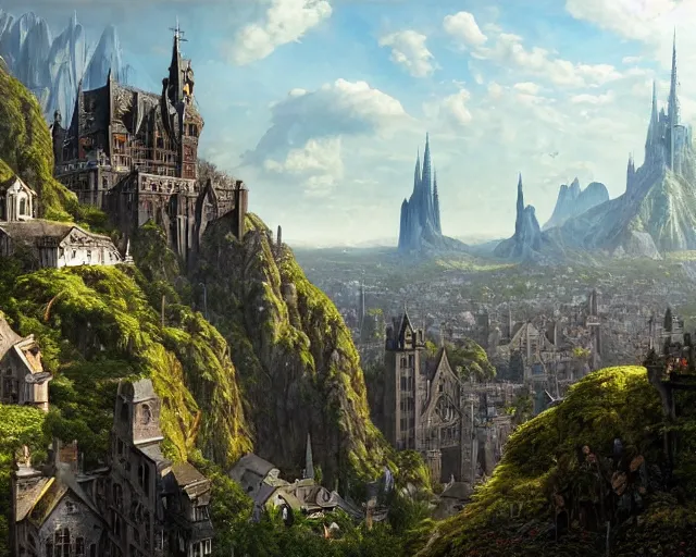 Image similar to gothic architecture busy city on a cliff by the city side, lossy graphics, raster playstation render graphics, high quality game screenshot, scenery art dense foliage art by kim jung giu and weta studio, and lucasfilm and jesper ejsing and norman rockwell partly inspired by greg rutkowski hd