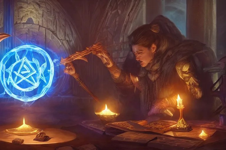 Prompt: A skilled sorcerer in their study, drawing glowing magic runic symbols in the air, enchanting objects with glyph magic, D&D fantasy setting, 4k