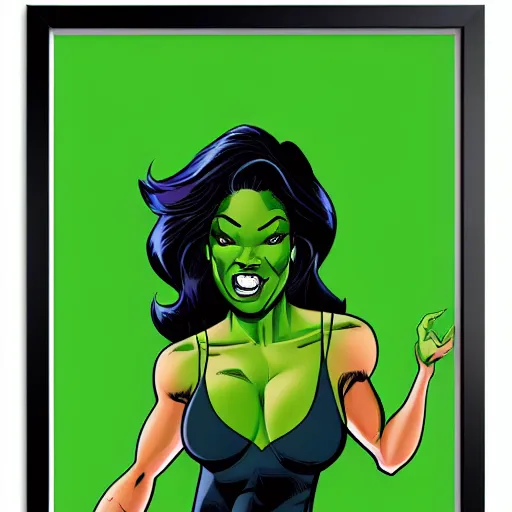 Prompt: Actress Gabrielle Union as She-Hulk, poster framed, comic pinup style, highly detailed, artstation, illustration, posterized, Roge Antonio, Jen Bartel