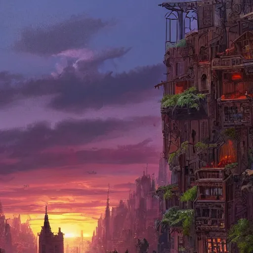 Prompt: a girl looks over a view at sunset, the view is of a sprawling medieval city that is built amidst decaying brutalist architecture and overgrown by the rainforest, rpg, hubert robert, cityscape, panorama