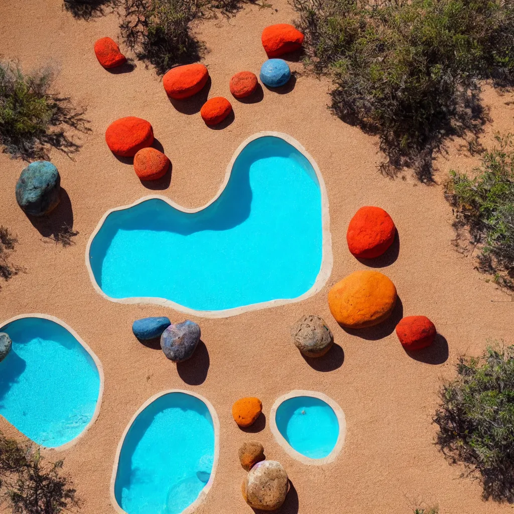 Image similar to rainbow boulders outdoor sculpture, orange sand desert with pools of bright blue water, birds eye view