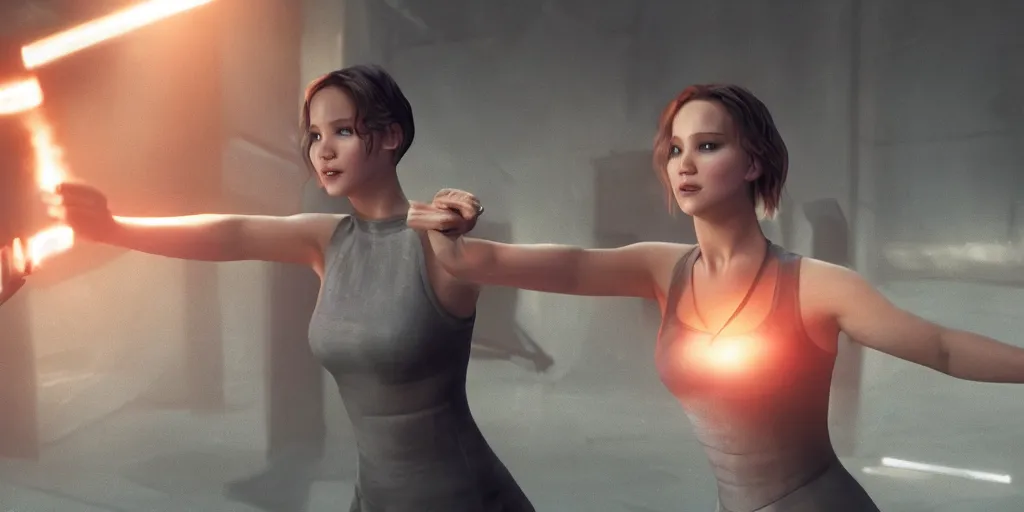 Prompt: Jennifer Lawrence fighting Natalie Portman in matrix, cinematic lighting, trending on artstation, 4k, hyperrealistic, focused, high details, unreal engine 5, cinematic