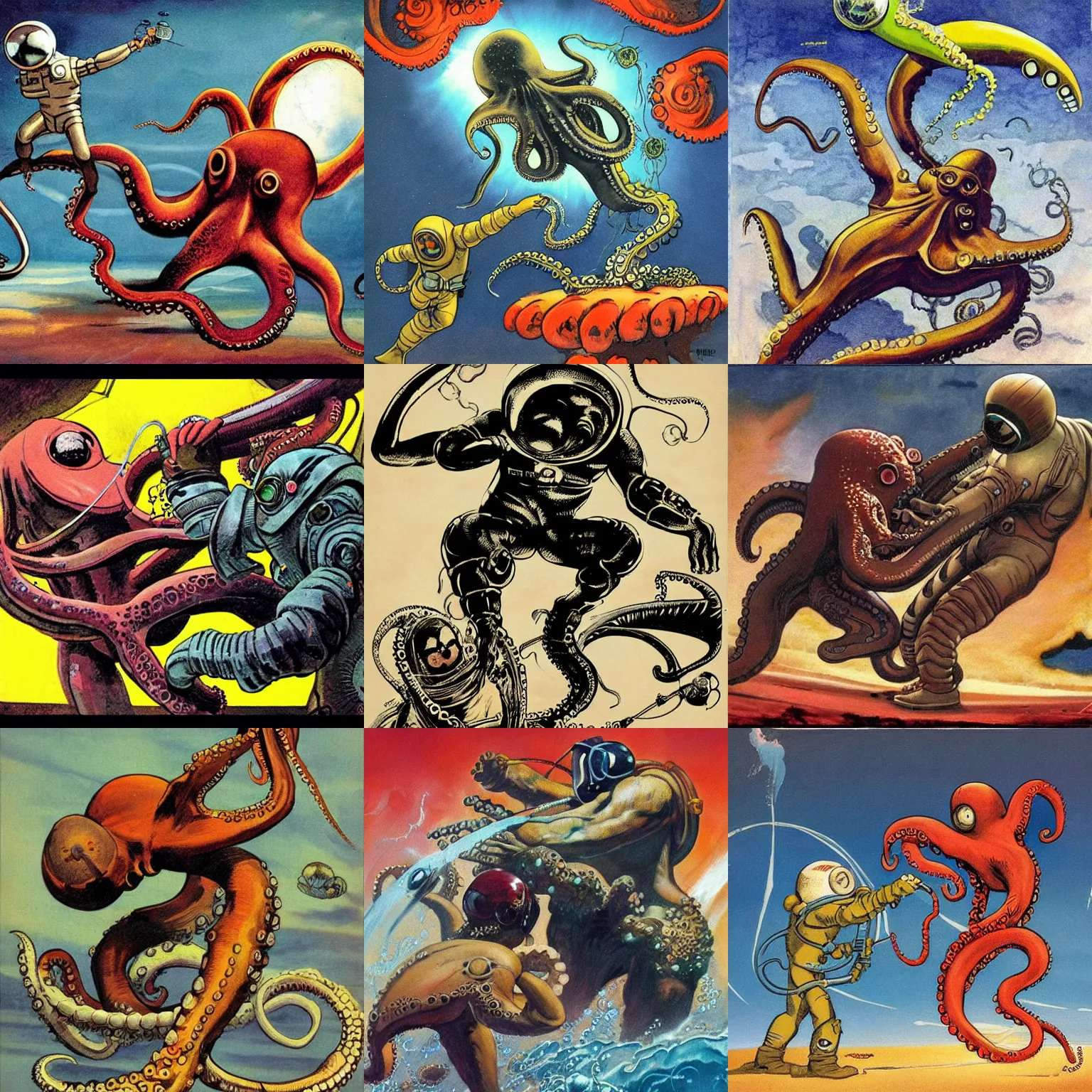 Prompt: an octopus fighting an astronaut, in the style of frank frazetta,
