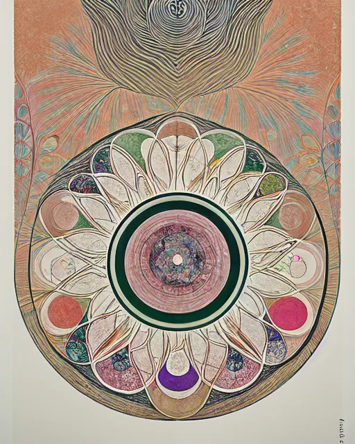 Image similar to blossoming lotus, rhythm, imperil, by hilma af klint, moebius, victo ngai, laurie greasly