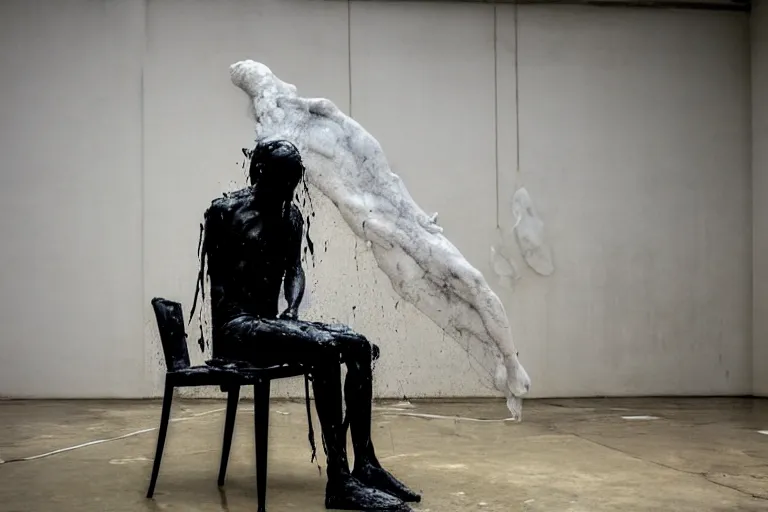 Image similar to a sculpture of a person sitting on a top of the chair, a white marble sculpture covered with floating water by nicola samori, behance, neo - expressionism, marble sculpture, apocalypse art, made of mist