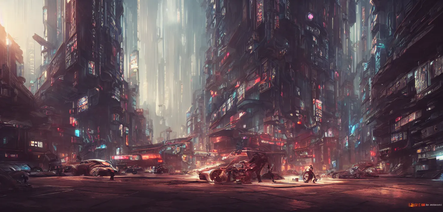 Image similar to a hyper detailed octane render concept art by xision wu, kerem beyit, sandara tang cyberpunk city, dim lighting, detailed portraits, unreal engine 5, highly rendered,, digital painting, artstation, concept art, smooth, sharp focus perfect horizontal ， symmetry illustration, detailed and intricate environment artstation hq