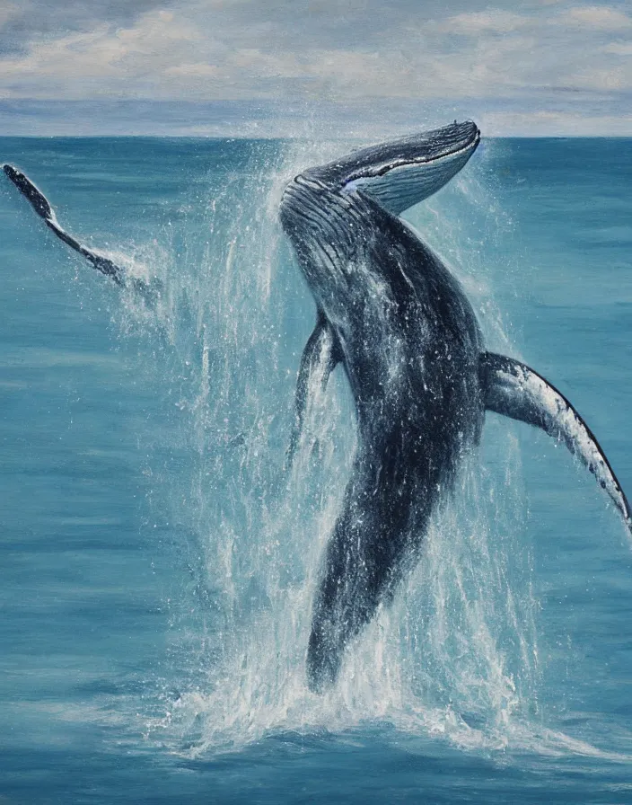 Image similar to high detail painting of a humback whale jumping out of water