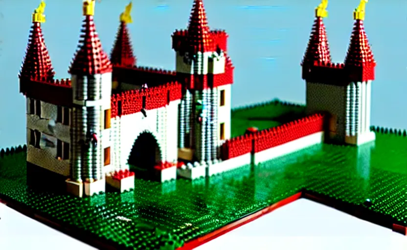 Image similar to a realistic detailed accurate Lego set of a medieval French castle on a green hill