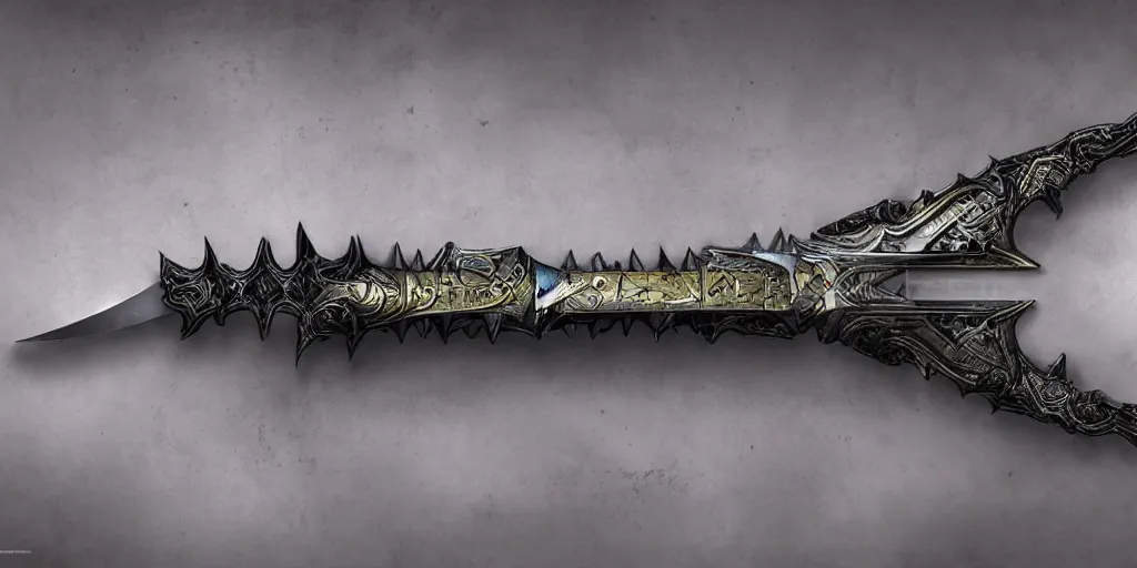 Image similar to legendary cybernetic long sharp sword lying flat on a glowing table with a black and iridescent sword blade, digital award winning hd matte painting, intimate dark moody, intricate, ornate spikes, colorful hilt, detailed realistic, raytraced blade, colored gems, future golden technological pommel, in the style of greg rutkowski and krenz cushart, deviantart