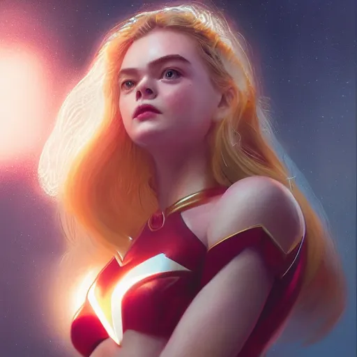 Image similar to portrait of modern darna, elle fanning in prey, intricate, elegant, glowing lights, highly detailed, digital painting, artstation, glamor pose, concept art, smooth, sharp focus, illustration, art by wlop, mars ravelo and greg rutkowski