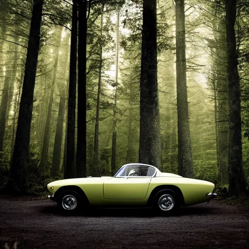 Prompt: volvo p 1 8 0 0 in the dark forest, photo