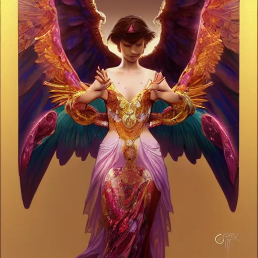 Image similar to a beautiful orchid phoenix angel woman, in an ornamented dress with large wings, volumetric light, god rays, 8 k high resolution, rubies, by greg rutkowski, artgerm, alphonse mucha